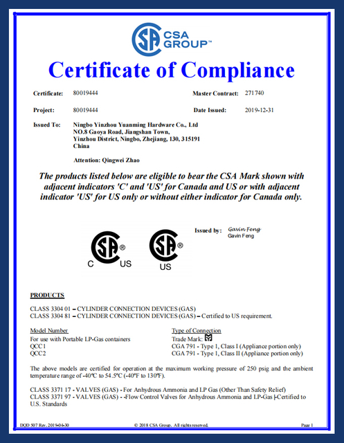 gas valve for boiler certificates
