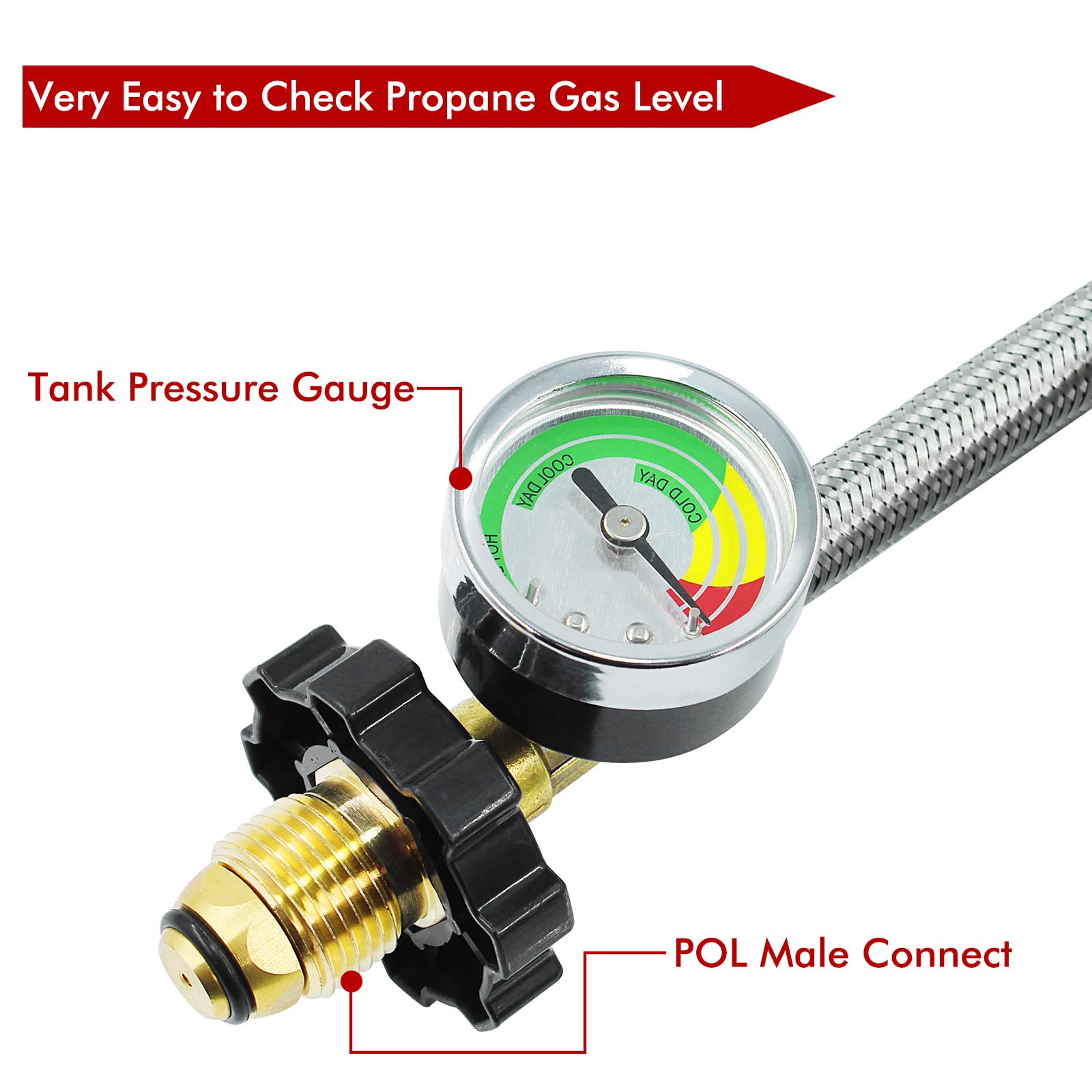 1/4'' NPT POL Propane Pigtail Braided Hose with Gauge