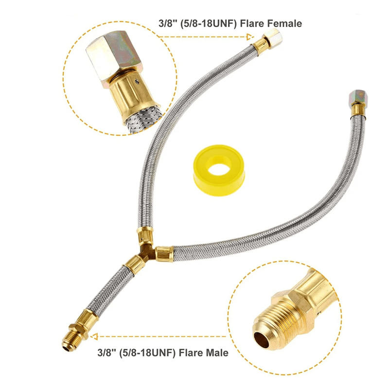 Propane Braided Hose Y Splitter 3/8" Flare Connector Kit