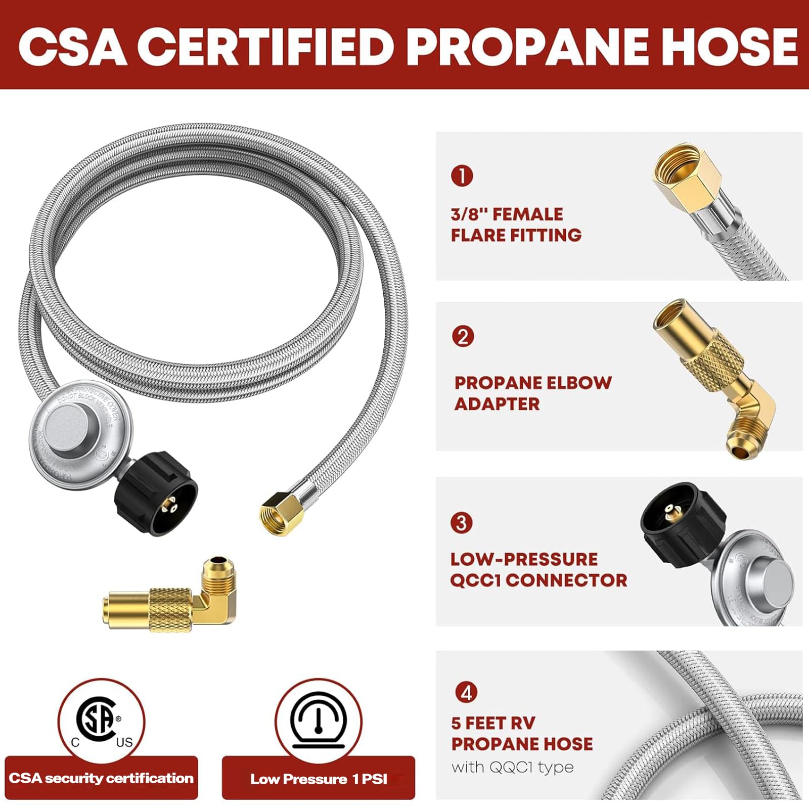 Low Pressure Propane Elbow Adapter SS Hose with Regulator