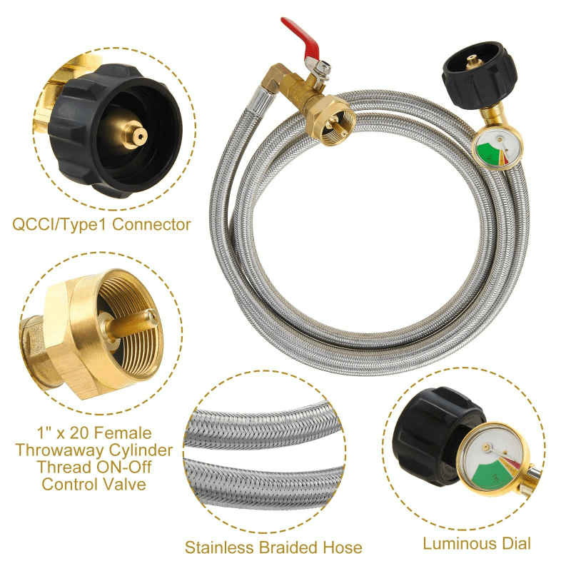 High Pressure Propane Refill Adapter SS Hose with Gauge