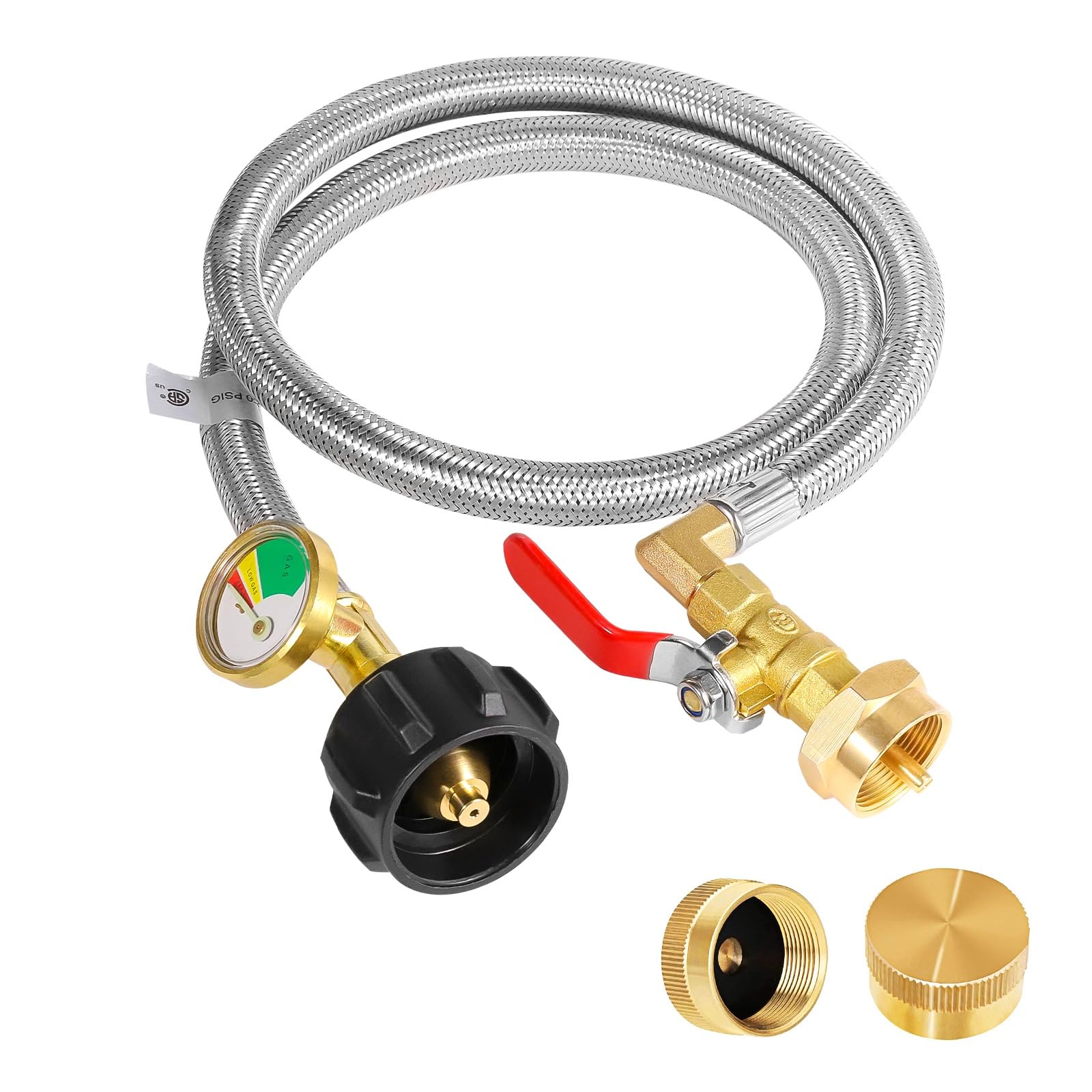 High Pressure Propane Refill Adapter SS Hose with Gauge