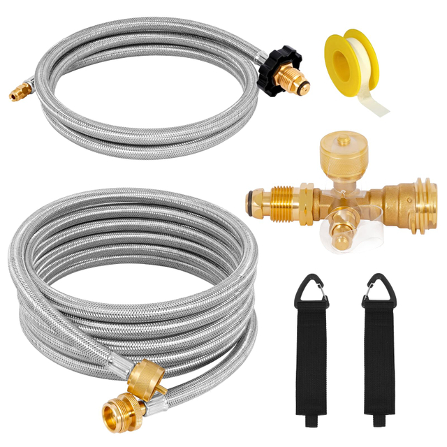 Propane Brass 4 Port Tee Kit 5FT and 12FT Braided Hose