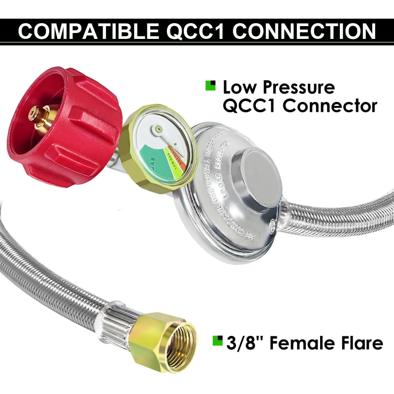  12FT QCC Braided Propane Regulator and Hose with Gauge