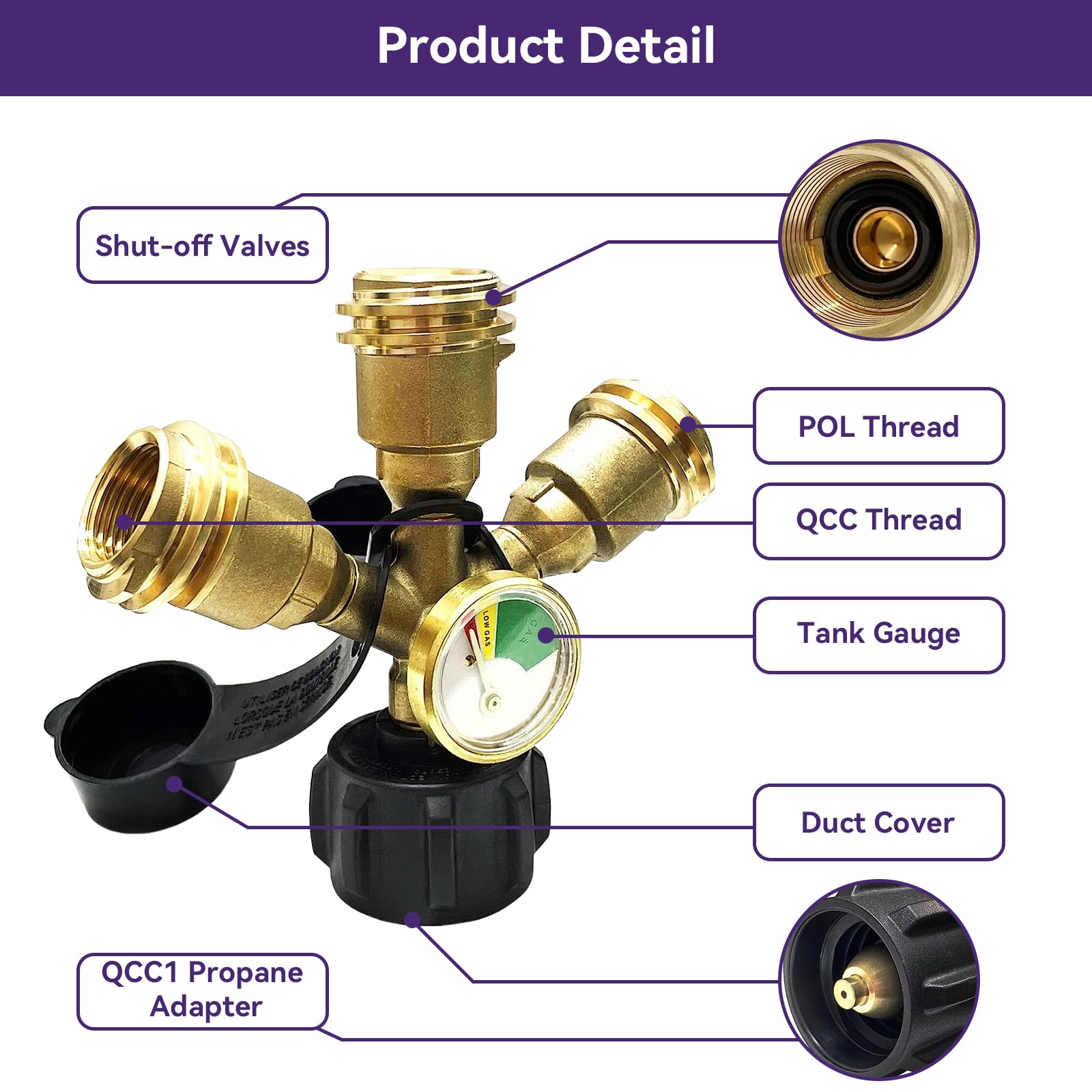 3Way Propane Tank Splitter POL with Gauge and Shut-Off Valve