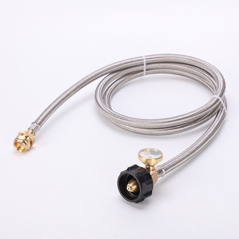 6FT Propane Adapter Stainless Braided Hose with Tank Gauge