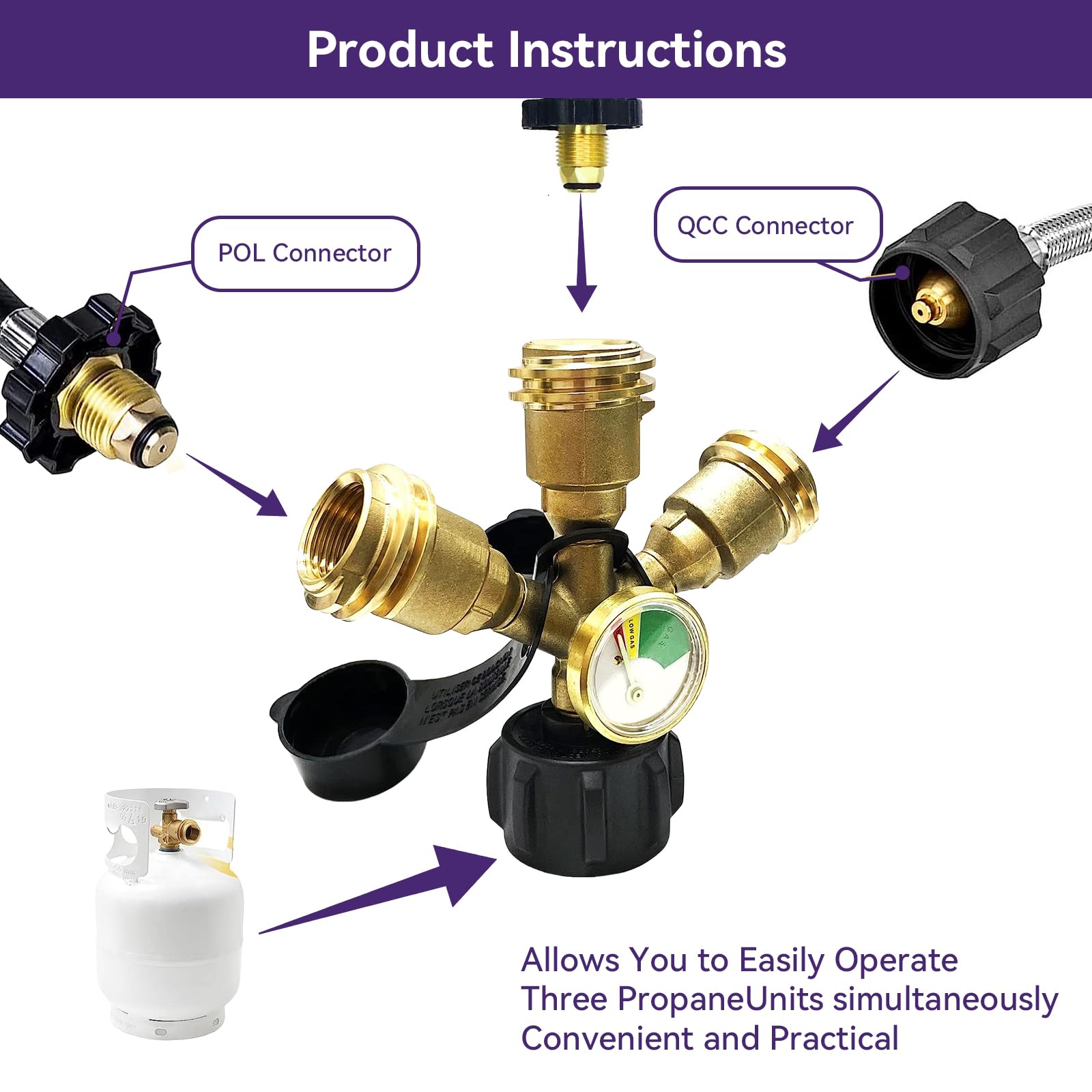 3Way Propane Tank Splitter POL with Gauge and Shut-Off Valve