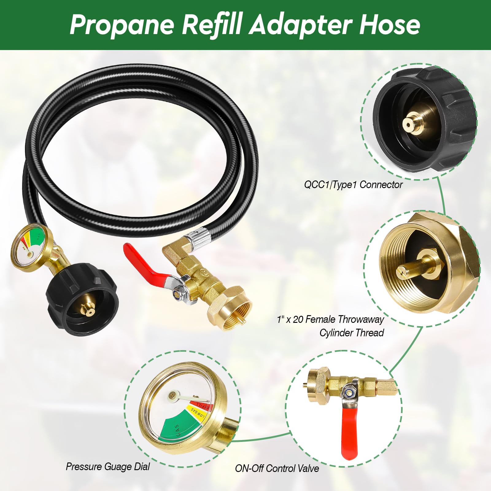 Propane Refill Adapter Hose with Gauge and Control Valve