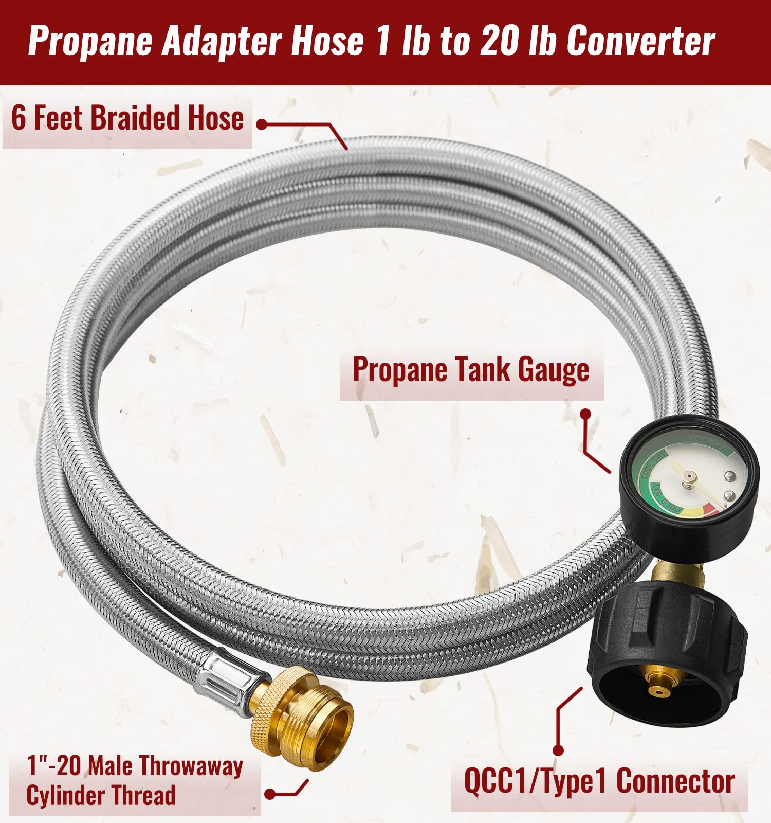 Propane Adapter Braided Hose with Gauge for Buddy Heater
